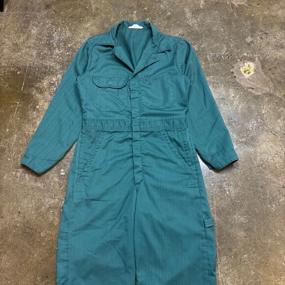 Vintage 60s Penneys Big Mac Herringbone Overalls Size 36S Green - Picture 2 of 10